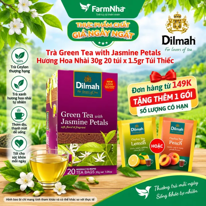 Trà Dilmah Green Tea with Jasmine Petals Tea 30g 20 Túi x 1,5g Túi thiếc - Trà hoa Nhài, Sri Lanka