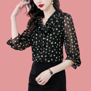 Fashion Korean Khaki Black Polka Dot Chiffon Women Long Sleeve Blouse