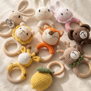 Wooden Teether Baby Rattle Music Ring Crochet Animal Rabbit Music Rattles Soother Bracelet Toddler Toys Baby Teething Gifts2026