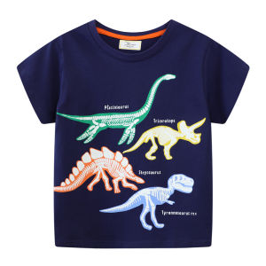 2024 Summer New Boys Cartoon Luminous Short Sleeve round Neck T T-shirt   Dinosaur   Shark Short Sleeve T