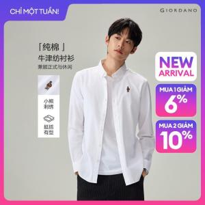 GIORDANO Men Shirts Bear Embroidery Cotton Oxford Shirts Long Sleeve Fashionable Casual Clean Fit Shirts 01046120