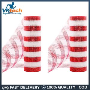 2 Rolls Decorative Mesh Ribbon Metallic Foil Mesh Rolls Christmas Mesh Ribbon for Wreath Swags and Christmas Tree Decoration
