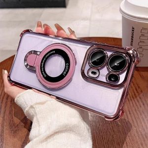 Luxury Magnetic Portable Holder Plating TPU Phone Case For Vivo X50 X60 X70 X80 X90 X100 X200 Pro Plus V23 V25 V27 V29 V30 V40 Lite V50 Pro 4G 5G For Magsafe Wireless Charging Shockproof Clear Soft Cover Casing