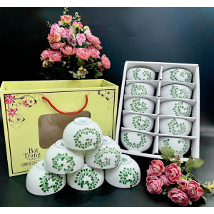 Set Bát Ăn Cơm (chén cơm) Bát Tràng Cao Cấp Hàng Loại I - Bộ Bát Ăn Cơm Men Kem Vẽ Tay Lá Me Xanh