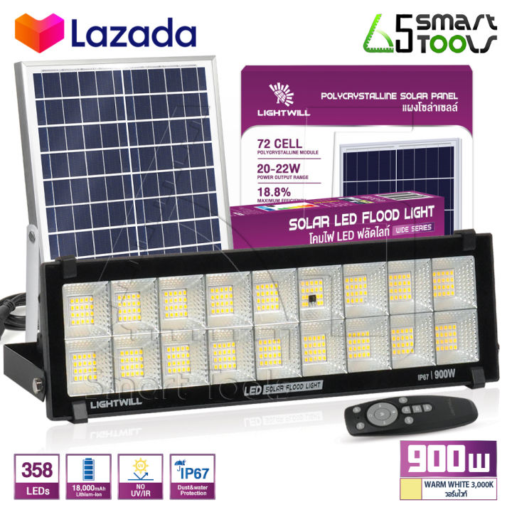 Lightwill LIGHTWILL ไฟโซล่าเซลล์ ไฟสปอร์ตไลท์ 900W สีขาว (DayLight) / วอร์มไวท์ ...
