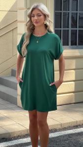 China Shipping [2025] New European and American In-Stock 2024 Spring Summer New Solid Color Round Neck Pocket Loose Short Sleeve Dress 042