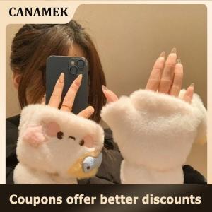 【 CANAMEK 】 Lovely Cat Cartoon Flip Plush Gloves Warm Cold Student Gloves Women Winter Outdoor Soft Thickened Half Finger Touchscreen Gloves