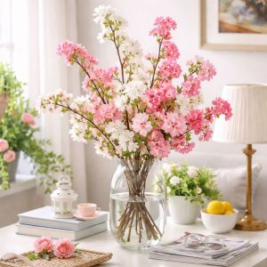 FDO0009 with Leaves Artificial Cherry Blossom Long Realistic Simulation Cherry Blossom Flower Arrangement Handmade Fake Flower Home Decoration