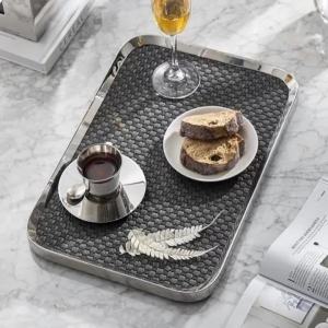 FFBH Simple Storage Trays Modern Luxury Leather Storage Trays Rounded Corners Stainless Steel Tray Kitchen Cutlery Art Accessory 3M8Q4
