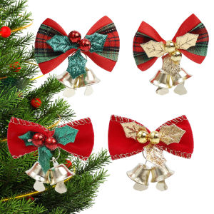 YESPERY 4Pcs Christmas Bowknots with Bell Christmas Tree Ornaments Bow Christmas Party Decoration