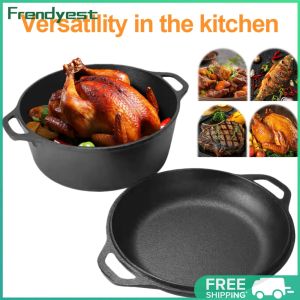 COD [Free Shipping] Cast Iron Dutch Oven with Lid for Baking and Frying 2 in 1 Heavy Duty Camping and Kitchen Cookware