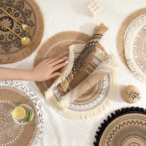 Placemat Woven Cotton Round Placemat for Dining Table Washable Heat Resistant Coaster Non-slip Linen Braided Cup Mat