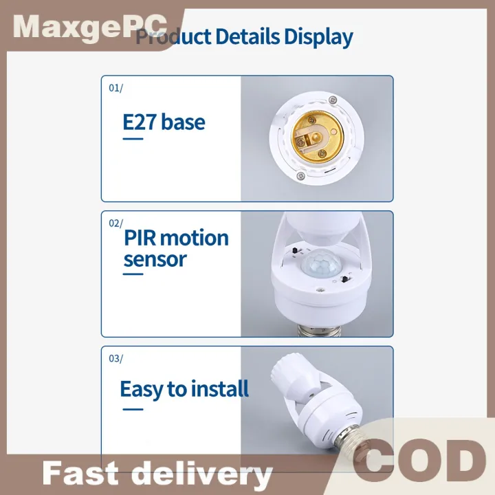 MaxgePC 360 Độ Cảm Ứng Con Người Cảm Biến Chuyển Động Đèn Ổ Cắm Cơ Sở AC85-265V Chậm Trễ Thời Gian Chuyển Đổi E27 Cơ Sở Chủ Ổ Cắm Adapter