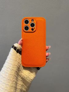 High End Orange Solid Color Phone Case For iPhone 16 15 14 13 12 11 Pro Max Plus 8Plus X XS XR TPU Leather Cover For
