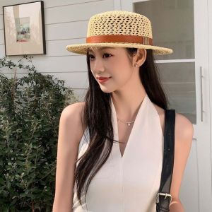 OEUVR Sun Protection Straw Boater Hat Breathable Mesh Lightweight Flat Top Beach Hat Vintage Summer Fedora Exquisite Craftsmanship Handwoven Sun Cap Beach Vacation