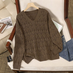 Womens Knitwear Fashion New V-neck Long Sleeve Hollow Sweater Knitwear Loose Solid Color Bottom Top