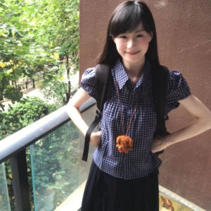 Summer Retro polo Collared Doll Shirt Slim Fit Short Puff Sleeve Blouse Top