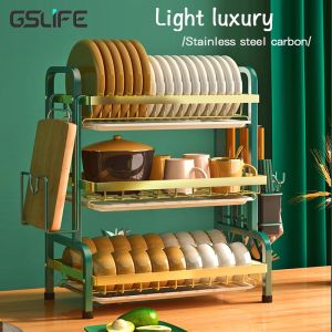 GSlife🔥2/3-Tiers Premium Green-Gold Large Dish Rack Organizer Stainless Steel Dish Drainer Multifunction Plate Organizer Storage Shelf Kitchen Rack Utensil Holder