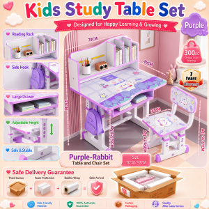 PlayPark Kids Study Table and Chair Set Children Writing Drawing Desk for 1-10 Years Old Strawberry Pink Space Blue