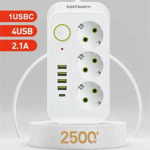 BARU Taffware Stop Kontak Colokan 3 Lubang  4 USB 1 USB Type C 10A 250V 2500W 2.1A - QL-1074U
