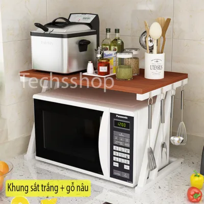 Kệ để lò vi sóng lớn chữ Z khung thép mặt gỗ - Kệ nhà bếp 1 tầng - Kệ lò nướng có móc máng treo khăn - Sắp xếp đồ dùng nhà bếp