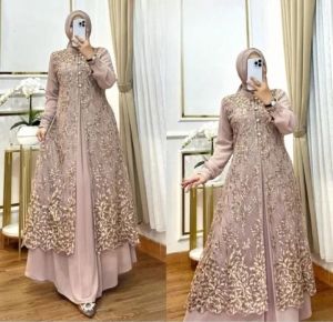Gamis Dewasa Elegant Mewah Terbaru Rahma Dress Bahan Ceruty Babydoll Full Furing Mix Brukat Ukuran M L XL XXL 3XL Ld 100-130 cm Dress Wanita Kondangan Kekinian Warna Army Maroon Mocca Navy Salem Teracota
