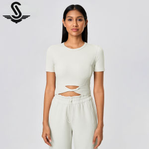 sucming Summer Barely-There Skin-Friendly Yoga Top Short Cropped Personality Twist Knot Sports Short Sleeve t Womens T-shirt D25059