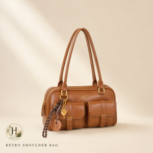 Korean Retro Vintage Brown Multi-Pocket Shoulder Bag | Retro PU Leather Handbag
