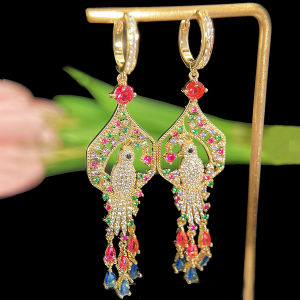 SEQUITO Attractive Women Ear Jewelry Full Micro Pave Multicolor AAA Cubic Zirconia Yellow Gold Plated Lucky Bird Super Long Drop Earrings for Prom Party SE888