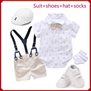 5pcs Set Baptismal Clothes for Boy Christening Clothes for Baby Boy Binyag Dinosaur Outfit for Baby Birthday Photo Shoot Formal Suits with Shoes Hat