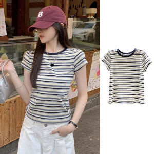 Women Casual Korean Style Striped Short Sleeve Tee Contrast Round Neck T‑Shirt Summer Basic Top