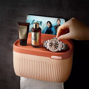 【Fans Tone】 Waterproof Wall Mounted Tissue Box Plastic Bathroom Toilet Paper Holder & Phone Slot Holder Paper Storage Box Double Layer Napkin Dispenser