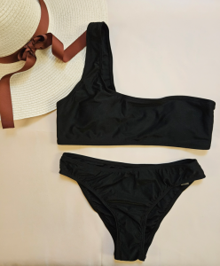 SHE-IN PREMIUM QUALITY SWIMWEAR / TWO PIECE / ONE SHOULDER TOP / PLAIN BLACK / MEDIUM