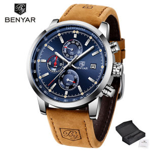 BENYAR Men Watch Chronograph Waterproof Sport Genuine Leather Mens Wrist Watches Top Brand Luxury Military Army Man Clock 5102