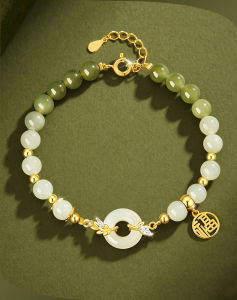 Viviann Original sterling silver Hetian Jade Peace Buckle Bracelet for Women  925 Sterling Silver 14K Gold Plated Fu Charm Beaded Bracelet  Elegant Chinese Style Jewelry Gift