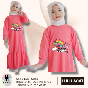 Hirihita Lulu A047 Baju Gamis Lulu Anak Perempuan Sablon Be The Rainbow In Someones Cloud 12 Warna 1-12 Tahun