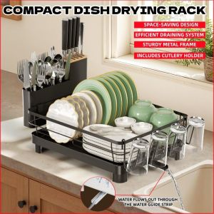 Large Capacity Rustproof Dish Drying Rack with Drainer Cup Utensil Holder Kitchen Organizer for Counter Sink