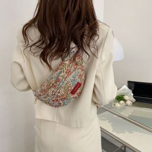 NAJIA Nylon Canvas Crossbody Bag Large Capacity Zipper Flower Waist Bag Casual Phone Bag Canvas Chest Bag Sports