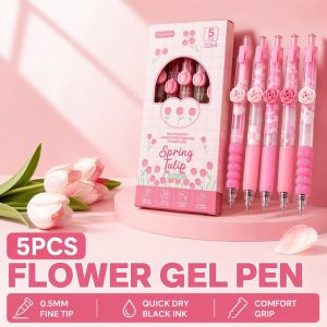 Flower Gel Pen Set 5Pcs 0 5mm Black Ink Quick Dry Retractable Cute School Supplies Journal