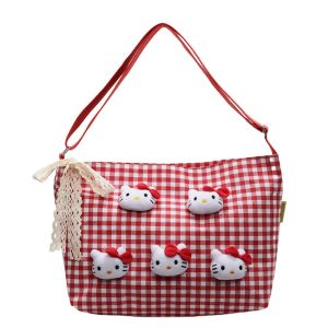 MOIRA น่ารัก กระเป๋าสะพายไหล่ลายตาราง KT แบบญี่ปุ่น ผ้าใบ กระเป๋าสะพายข้าง แบบพกพา แดง กระเป๋าโท้ตตุ๊กตาคิตตี้ สาวๆ
