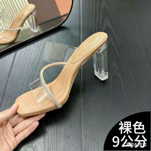 Transparent High-Heeled Sandals For Women Summer 2025 New Fashion Square-Toed Crystal Chunky Heel Sandals For Women To Wear Outside