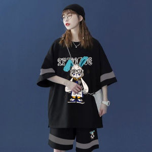 วาฟเฟิลเสื้อยืดแขนสั้นผู้ชายฤดูร้อนกางเกงขาสั้นเยาวชนใหม่เหมาะกับแบรนด์อินเทรนด์อเนกประสงค์สบายๆกีฬาชุดสองชิ้น