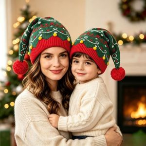 CANICECA Warm Christmas Elf Knitted Hat Crochet with Plush Ball Xmas Baby Beanie Knit Hat High Quality Handmade Christmas Tree Santa Hat Adults Children
