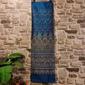 5.ผ้าไหมแกมฝ้าย ผ้าทอทั้งผืน ลายแพรวาลายขอ สีฟ้าน้ำทะเล