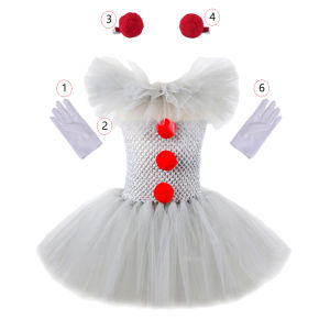 Halloween Costume For Kids Gray Girls Tutu Dress Kids Cosplay Scary Clown Costume Carnival Masquerade Party Dress Up 3-12Y