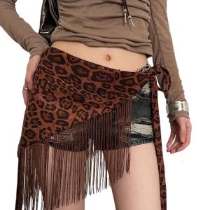 Leopard Print Fringe Wide Waist Belt Triangular Hip Curtain For Women Polyester Stretchy Adjustable Fashion Accessory