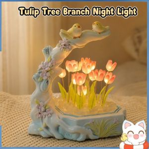 Happy Everyday.me Tulip Night Light Tree Branch Design Battery Operated Resin Decor Bedside Lamp Cute Ideal Gift