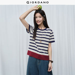 Giordano Women Contrast stripes crewneck short sleeve knitwear Free Shipping 18356810