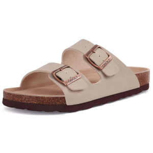 Comwarm Mens Cork Footbed Slides Sandals Arch Support Summer Outdoor Sandals with Adjustable Buckle Leisure Men Leather Slides