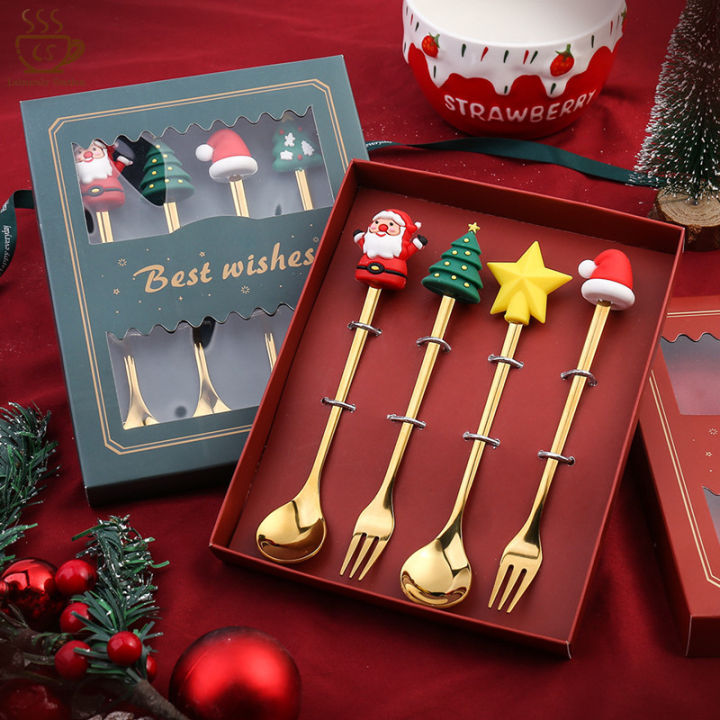 4/6Pcs Christmas Cutlery Set Santa Christmas Spoon Fork Home Christmas ...